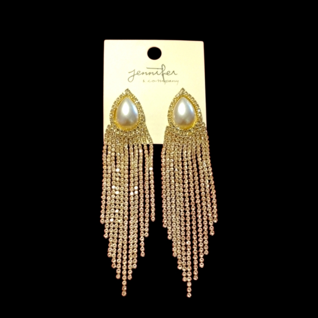 Gold Pearl Drop And Rhinestone Earrings